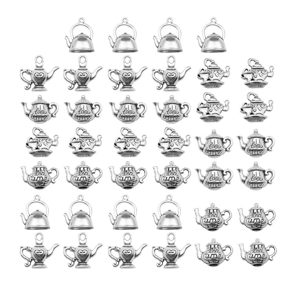 7418 40Pcs Exquisite Vintage Antique Silvery Color 3D Teapot Tea Cup Charms